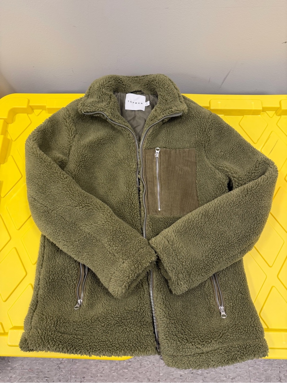 Topman Olive Green Sherpa Puffer Jacket with Corduroy Chest Pocket
